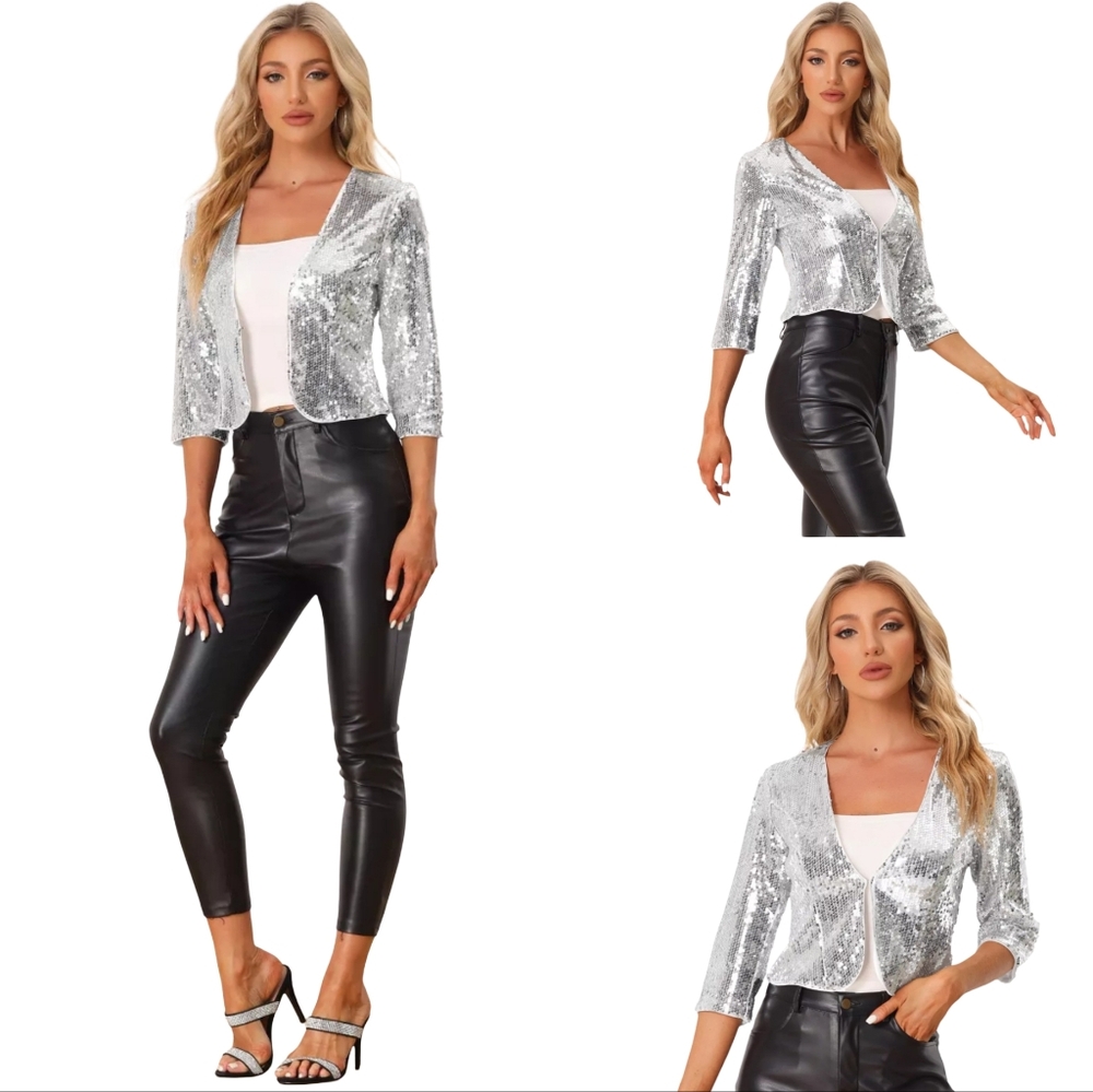 New Women's Silver Sequined Cocktail Bolero Formal Jacket By Allegra K. Size XS